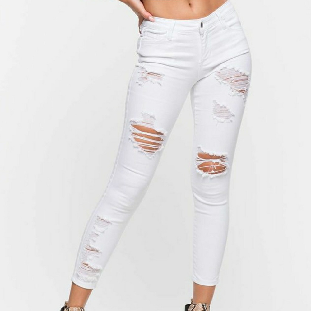 White Distressed Skinny Ankle Jeans